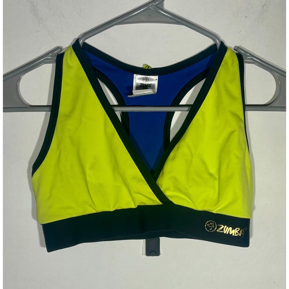 Zumba Wear Marvelous Sports Bra M Neon Yellow Blue Black Racerback Dance Fitness